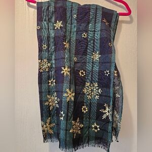 Talbots Green & Navy Blue Plaid With Gold Snowflakes Scarf